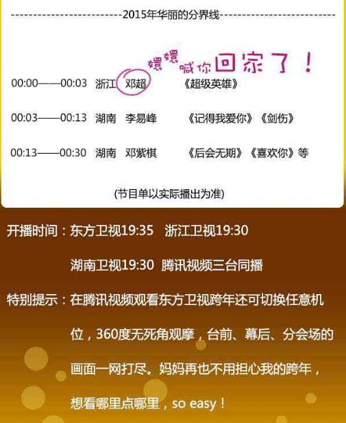 2015跨年演唱會換臺指南:鐘漢良開場鄧超壓軸